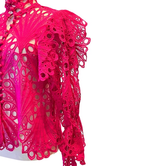 # A077 Nancy Vintage Fuchsia Lace Ruffle Blouse ,  New no tag , Size M - Picture 3 of 8